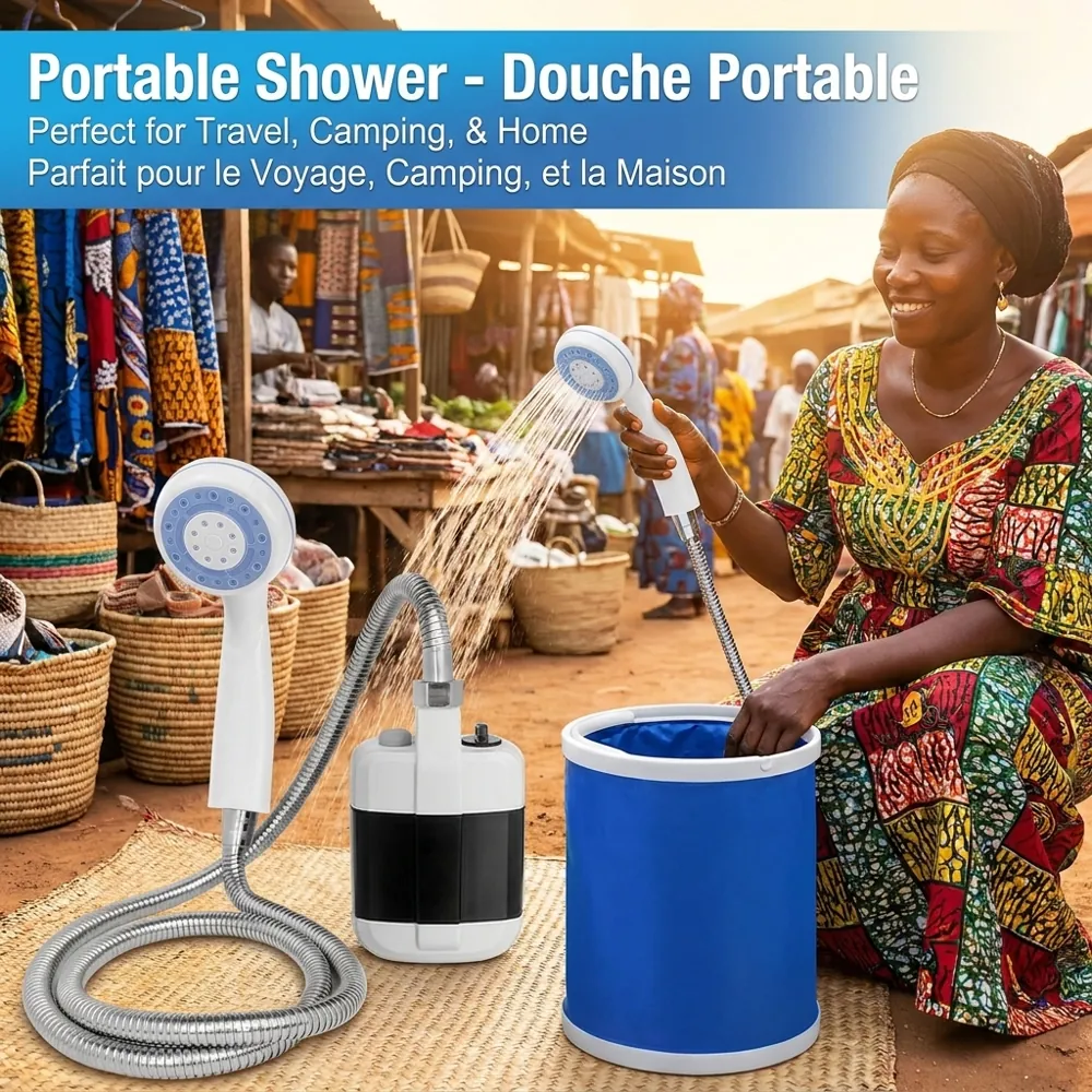 Illustration de la douche portable utilisée avec un seau d’eau